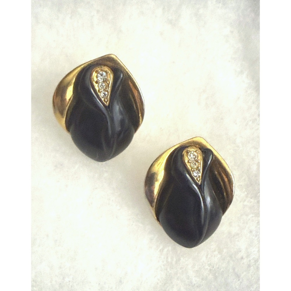 Vintage KJL for Avon Earrings Rhinestone Tulip Black Gold Tone 1980s